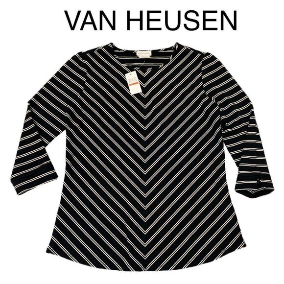 NWT Van Heusen Womens 3/4 Sleeve Knit stretch extensible Black/white striped top - Picture 1 of 13
